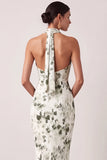 Floral Green Mermaid Halter Neck Long Bridesmaid Dress with Slit