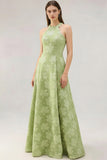 Light Green Halter Jacquard Long A Line Wedding Guest Dress