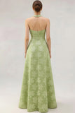Light Green Halter Jacquard Long A Line Wedding Guest Dress