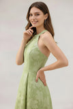 Light Green Halter Jacquard Long A Line Wedding Guest Dress