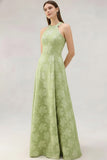Light Green Halter Jacquard Long A Line Wedding Guest Dress