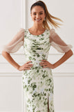 Floral Green Scoop Neck Maxi Bridesmaid Dress with Sleeves