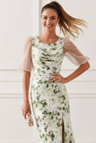 Floral Green Scoop Neck Maxi Bridesmaid Dress with Sleeves