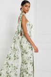 Floral Green Sweetheart Ruched Maxi Bridesmaid Dress with Slit