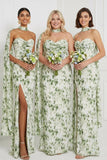 Floral Green Sweetheart Ruched Maxi Bridesmaid Dress with Slit