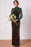Floral Peacock Green High Neck Mermaid Long Wedding Guest Dress with Sleeves