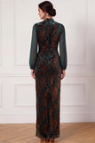 Floral Peacock Green High Neck Mermaid Long Wedding Guest Dress with Sleeves