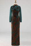 Floral Peacock Green High Neck Mermaid Long Wedding Guest Dress with Sleeves