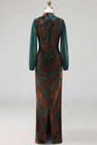 Floral Peacock Green High Neck Mermaid Long Wedding Guest Dress with Sleeves