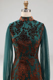 Floral Peacock Green High Neck Mermaid Long Wedding Guest Dress with Sleeves