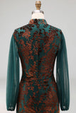 Floral Peacock Green High Neck Mermaid Long Wedding Guest Dress with Sleeves