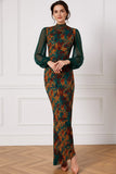 Floral Peacock Green High Neck Mermaid Long Wedding Guest Dress with Sleeves