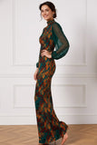 Floral Peacock Green High Neck Mermaid Long Wedding Guest Dress with Sleeves