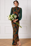 Floral Peacock Green High Neck Mermaid Long Wedding Guest Dress with Sleeves