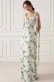 Floral Green V-Neck Ruched Maxi Bridesmaid Dress with Bows