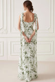 Floral Green V-Neck Ruched Maxi Bridesmaid Dress with Bows