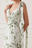 Floral Green V-Neck Ruched Maxi Bridesmaid Dress with Bows