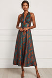 Floral Peacock Green Halter Neck Maxi Wedding Guest Dress