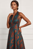 Floral Peacock Green Halter Neck Maxi Wedding Guest Dress