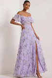 Floral Lilac Off the Shoulder A Line Maxi Corset Bridesmaid Dress with Slit