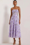 Floral Lilac Strapless A Line Midi Corset Bridesmaid Dress