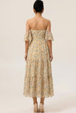 Floral Yellow Off the Shoulder A Line Maxi Bridesmaid Dress
