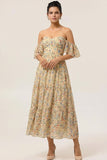 Floral Yellow Off the Shoulder A Line Maxi Bridesmaid Dress