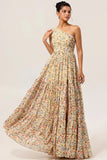 Floral Yellow One Shoulder A Line Maxi Wedding Guest Dress with Slit