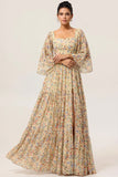 Floral Yellow Square Neck A Line Maxi Wedding Guest Dress with Sleeves
