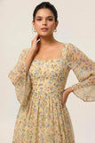 Floral Yellow Square Neck A Line Maxi Wedding Guest Dress with Sleeves