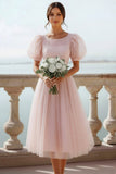 English Rose A Line Scoop Neck Midi Bridesmaid Dress with Sleeves