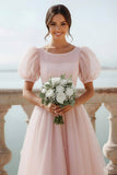 English Rose A Line Scoop Neck Midi Bridesmaid Dress with Sleeves