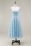Sparkly Blue Scoop Neck A Line Midi Wedding Guest Dress with Sequins