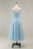 Sparkly Blue Scoop Neck A Line Midi Wedding Guest Dress with Sequins