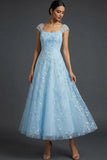 Sparkly Blue Scoop Neck A Line Midi Wedding Guest Dress with Sequins