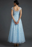 Sparkly Blue Scoop Neck A Line Midi Wedding Guest Dress with Sequins