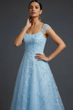 Sparkly Blue Scoop Neck A Line Midi Wedding Guest Dress with Sequins
