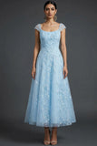 Sparkly Blue Scoop Neck A Line Midi Wedding Guest Dress with Sequins