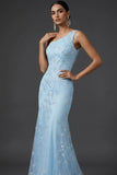 Blue One Shoulder Mermaid Maxi Wedding Guest Dress with Sequins