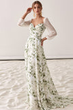 Floral Green Sweetheart A Line Maxi Wedding Guest Dress with Sleeves