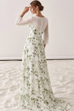 Floral Green Sweetheart A Line Maxi Wedding Guest Dress with Sleeves
