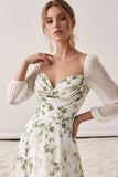 Floral Green Sweetheart A Line Maxi Wedding Guest Dress with Sleeves