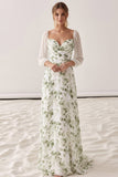 Floral Green Sweetheart A Line Maxi Wedding Guest Dress with Sleeves