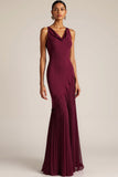 Burgundy V-Neck Mermaid Backless Long Formal Dress