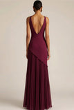 Burgundy V-Neck Mermaid Backless Long Formal Dress