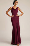 Burgundy V-Neck Mermaid Backless Long Formal Dress