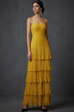Dark Yellow A Line Spaghetti Straps Ruffled Long Wedding Guest Dress