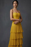 Dark Yellow A Line Spaghetti Straps Ruffled Long Wedding Guest Dress