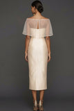Champagne Satin Sheath Long Wedding Guest Dress with Cape