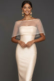 Champagne Satin Sheath Long Wedding Guest Dress with Cape